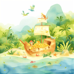 Cartoon pirate ship loaded with treasure on a tropical island