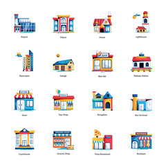 Modern Flat Icons Depicting City Buildings 

