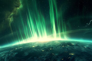 Stunning aurora borealis over Earth's night landscape, vibrant green northern lights in starry sky.