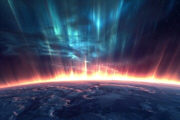 Stunning aurora borealis over Earth's horizon from space, with vibrant colors against a starry sky.