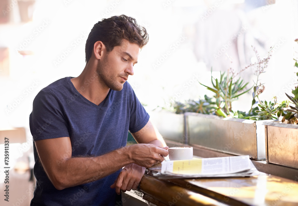 Wall mural man, coffee shop and relaxing with newspaper and cup, hot beverage and article for information. male