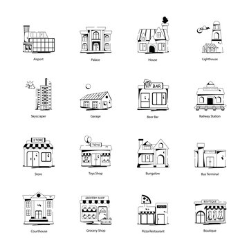 Modern Glyph Icons Depicting City Buildings 

