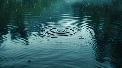 Frame a serene image of raindrops gently tapping on a calm lake's surface, creating ripples and reflections that convey the tranquility of nature in the rain