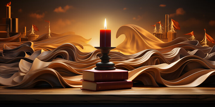Bible shining glowing, Pile of old books with candle and scroll in dark,
