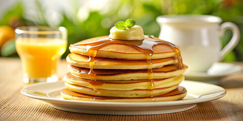 Pancakes piled high and drizzled with sweet honey or syrup