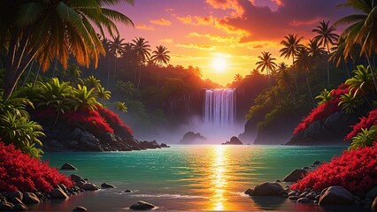 Beautiful tropical waterfall in jungles paradise with turquoise blue pond. Amazing beautiful nature of deep tropical rainforest. Perfect landscape background for relaxing, vacation, travel concept
