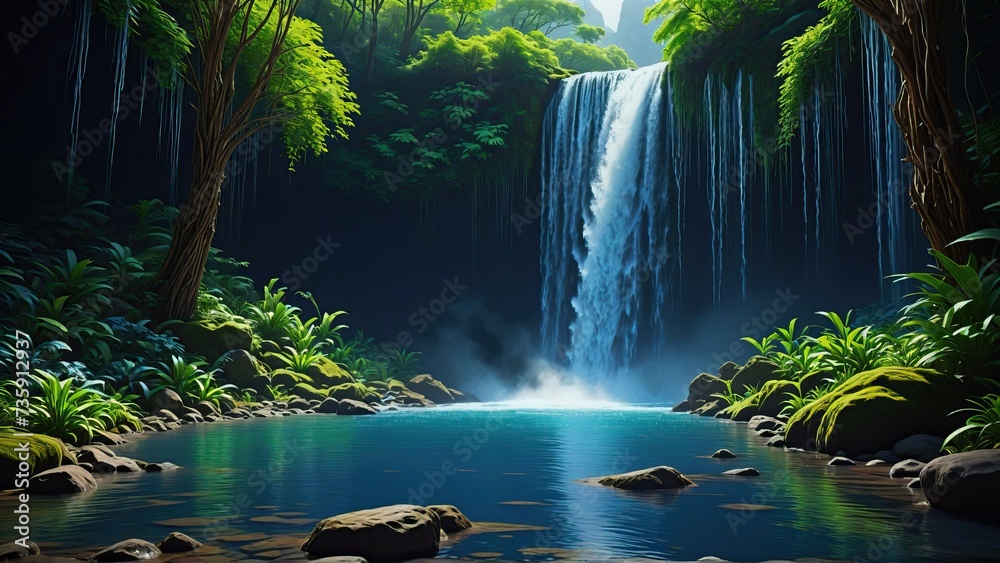 Wall mural beautiful tropical waterfall in jungles paradise with turquoise blue pond. amazing beautiful nature 