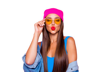 Close up photo portrait of winsome pretty cute lovely sweet glad nice lady sending kiss to you...