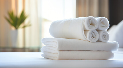 Clean towels rolled up on the bed in a bright hotel.