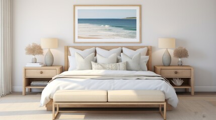 natural coastal interior bedroom beautiful example of modern coastal style including a soft natural color palette, natural elements cane bed blue and white patterned rug and white nights house design