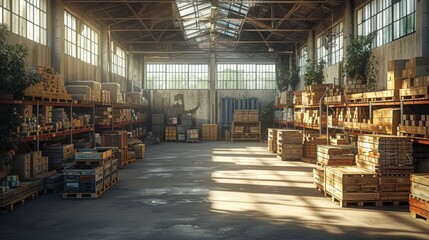 Shelves, pallets, and boxes decorate the warehouse interior