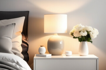 A lamp and flowers on the bedside table in the bedroom. Home interior in a modern style.