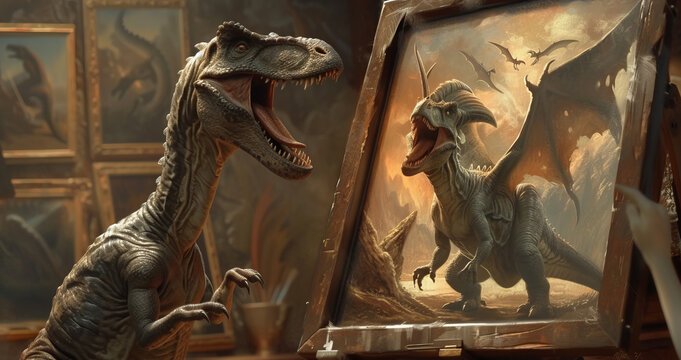 A dinosaur looks at a picture with a dragon, Generative AI