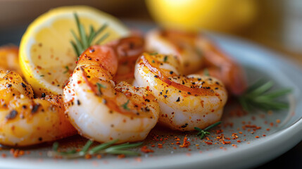 A grilled seafood shrimp with lemon and spices. Generative AI.