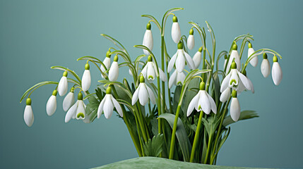 Close-up of snowdrop flowers on green background.