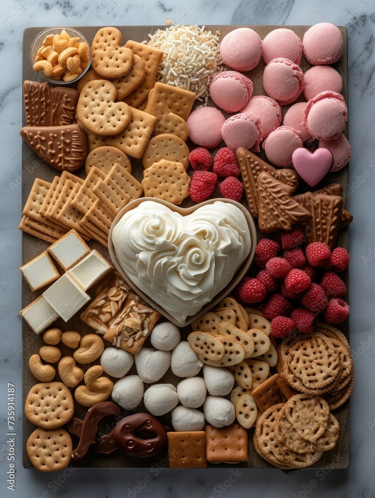 Poster a heart shaped crackers and other items. top view. generative ai.