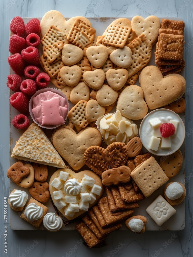Poster a heart shaped crackers and other items. top view. generative ai.