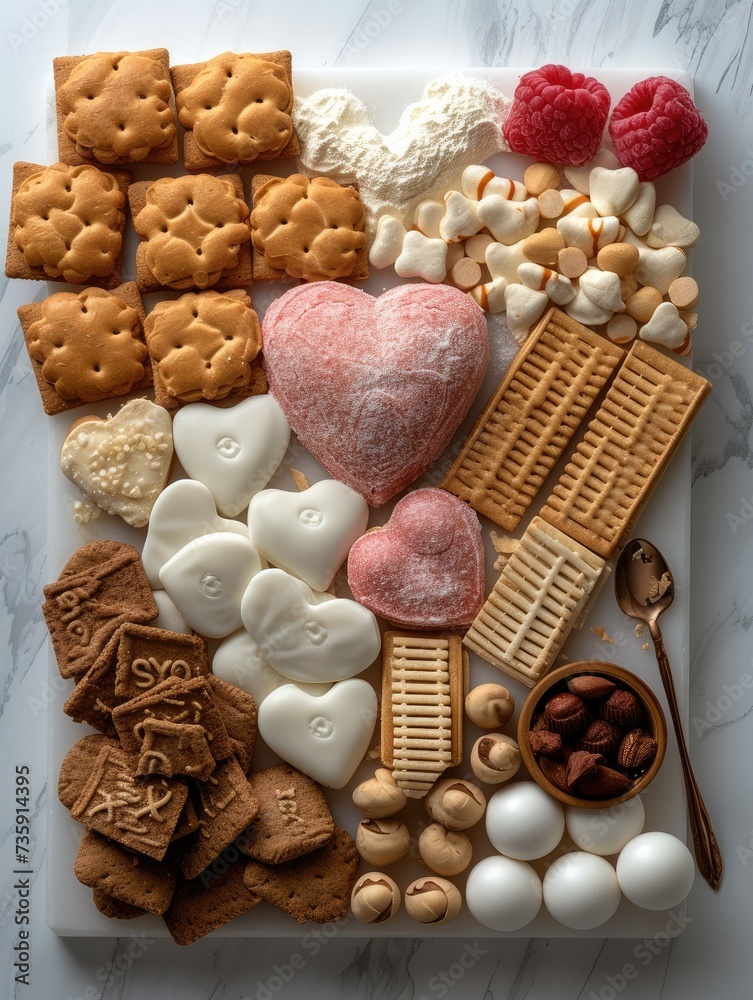 Poster a heart shaped crackers and other items. top view. generative ai.