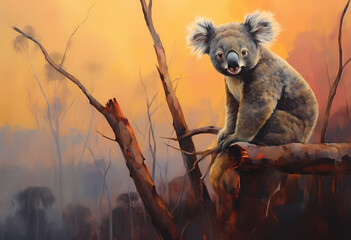 koala turning back perched on branches with a bushfire raging on hills in the background, smoke, fire, wildfire, bush, rule of thirds composition, oil painting, brushstrokes