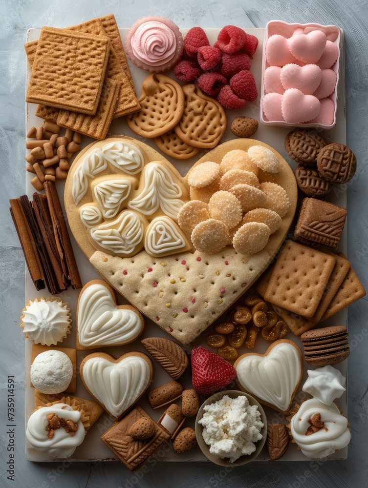 Poster a heart shaped crackers and other items. top view. generative ai.