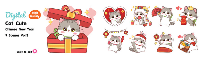 Cute little cat on Chinese New Year, 9 designs to choose from.