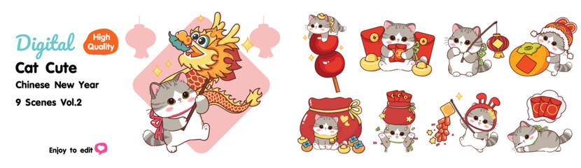 Cute little cat on Chinese New Year, 9 designs to choose from.