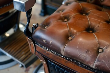 closeup of a footrest on a traditional barber chair with worn leather