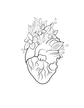 Anatomical heart with flowers. Hand drawn illustration converted to vector