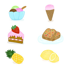 doodles set of ice creams, cakes and fruits such as pineapples and lemons