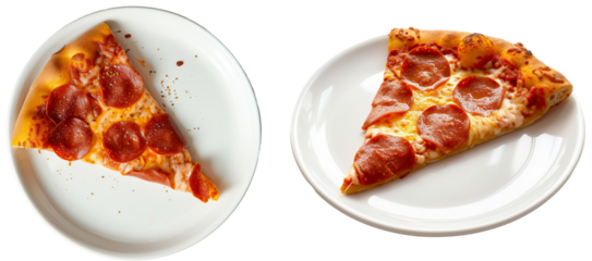 A single slice of pepperoni pizza on a white plate, side and top view, isolated on a transparent background