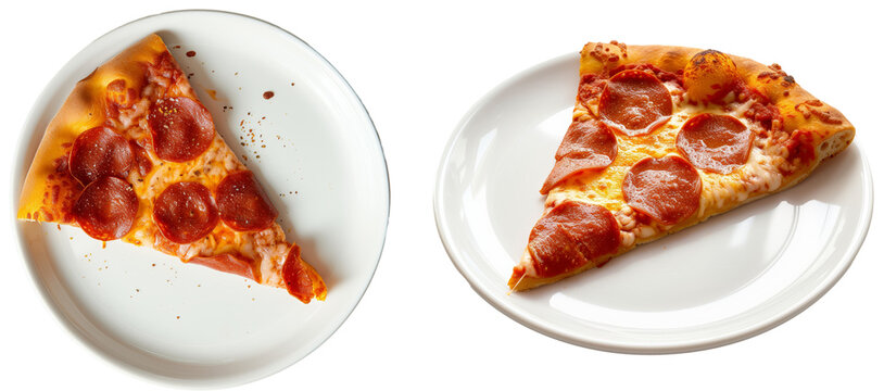 A single slice of pepperoni pizza on a white plate, side and top view, isolated on a transparent background