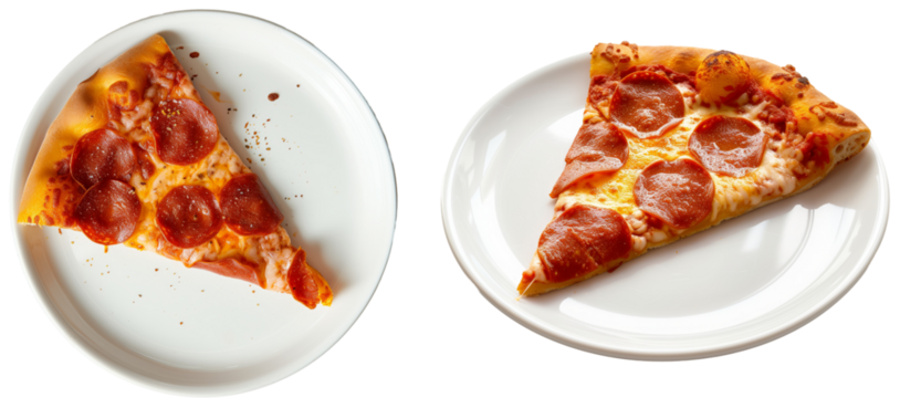 A single slice of pepperoni pizza on a white plate, side and top view, isolated on a transparent background