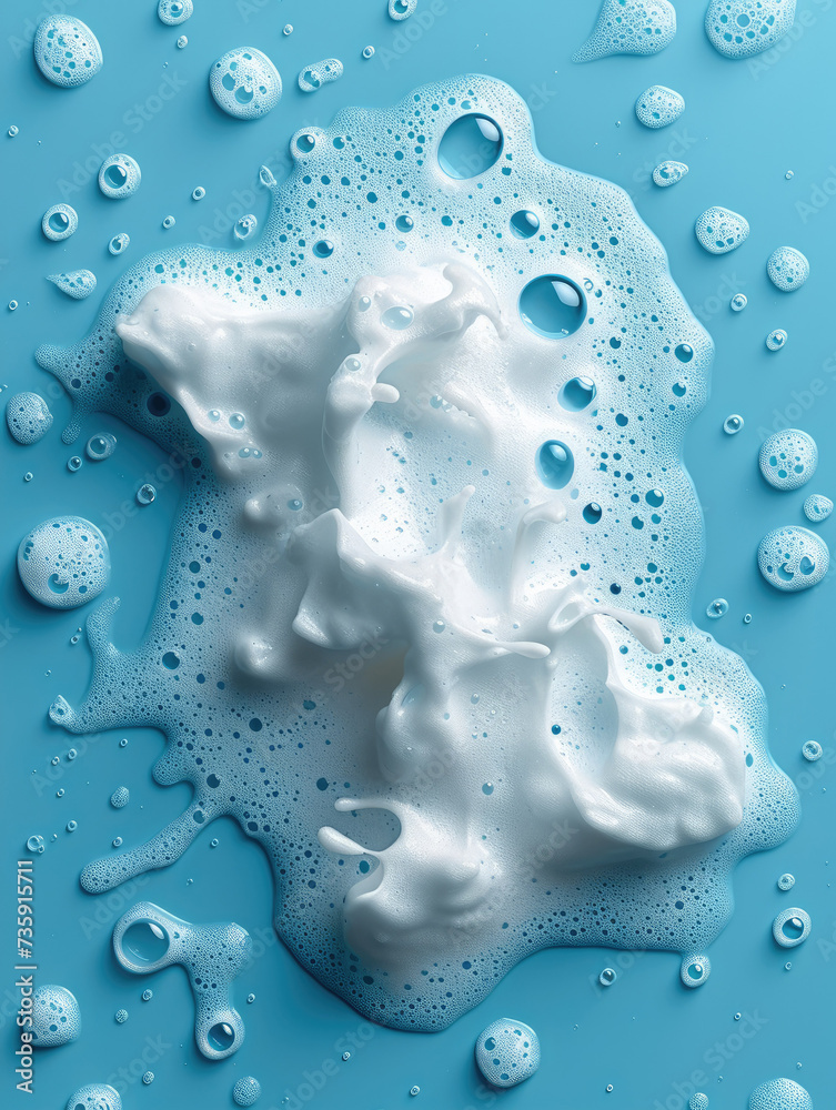 Aufkleber foamy. spot of thick shampoo foam on a blue background. top view. generative ai.