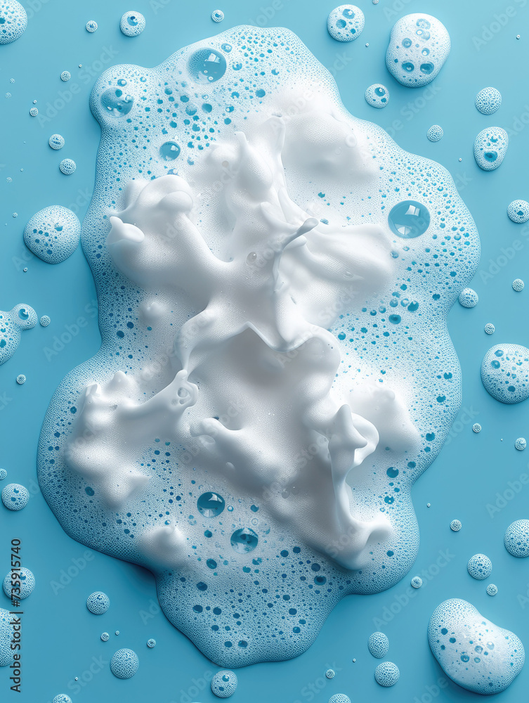Aufkleber foamy. spot of thick shampoo foam on a blue background. top view. generative ai.
