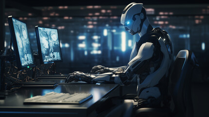 modern futuristic AI robot working on cyber security, artificial intelligence cyber tech, AI replacing human concept illustration, future of AI, robot working on computer
