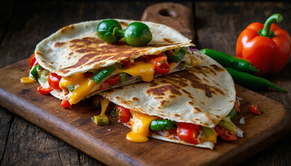 A colorful vegetable quesadilla resting on a rustic wooden board, showcasing the vibrant mix of peppers, onions, tomatoes, and melted cheese oozing out from the edges