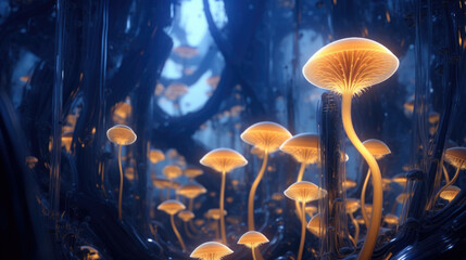 Mushroom. Fantasy Glowing Mushrooms in mystery dark forest close-up. Beautiful macro shot of magic mushroom, fungus. Border art design. Magic light.