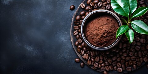Roasted coffee beans and coffee powder in a bowl on minimal black background,  HD