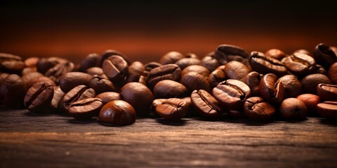 Roasted coffee beans on wooden table with minimal brown background, HD