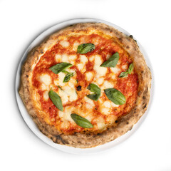 Authentic Italian Pizza Margherita, Top View, Isolated on White Background - Tomato sauce, Mozzarella, Oil and Basil Leaves
