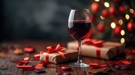 Valentine's day gift and red wine in glass with copy space, dark background. Generative AI.