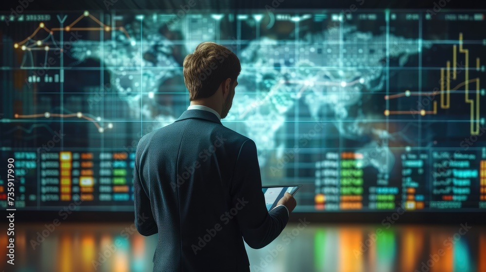 Poster Business virtual screen graph chart digital technology and trader online trading investment in stock market, Financial management technology on virtual screen. Business finance data. Generative AI.