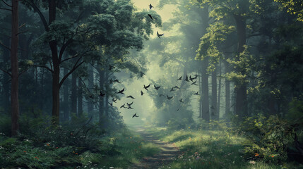 Obraz premium misty morning in the forest