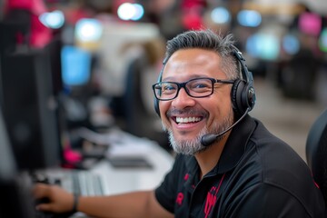 customer service representative smiling confidently while wearing a headset and looking directly at the camera.