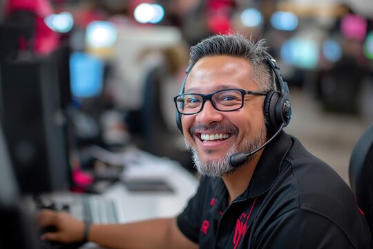 customer service representative smiling confidently while wearing a headset and looking directly at the camera.