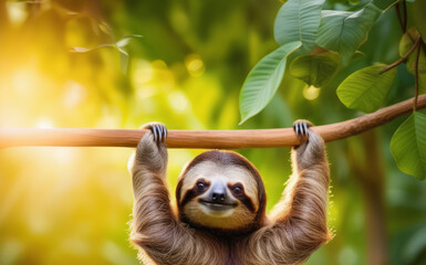Naklejka premium Happy sloth hanging from a tree.