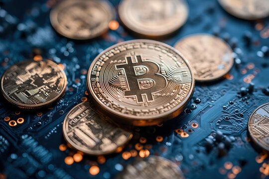 A collection of bitcoins stacked together on a smooth blue surface.