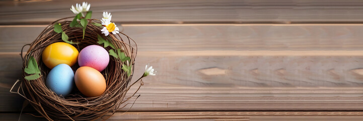 Nest with colorful Easter eggs and flowers on wooden background.