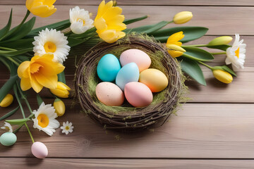Fototapeta na wymiar Nest with colorful Easter eggs and flowers on wooden background.