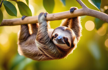 Naklejka premium Happy sloth hanging from a tree.